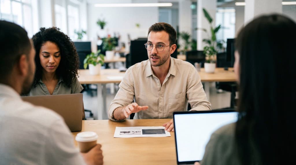 Führungskraft moderiert ein Teamgespräch im Büro